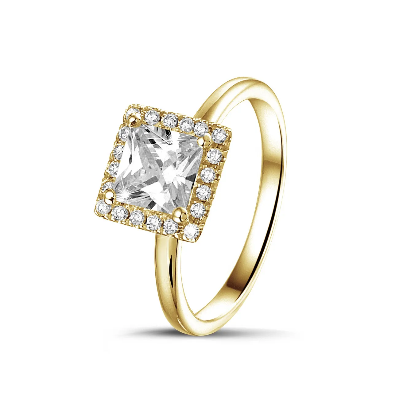 1.20 quilateshalo anillo solitario diamante princesa en oro amarillo con diamantes redondos 