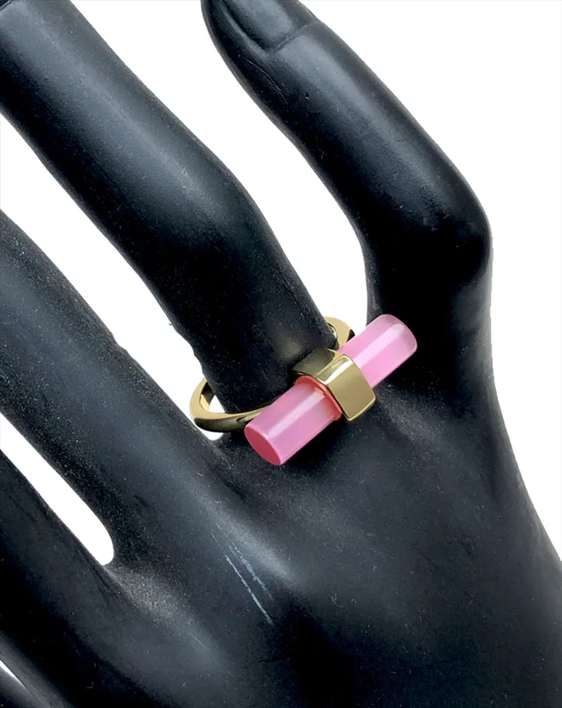 ANILLOS MUJER CHAPADOS ORO CON ROSA, DISEÑO TUBO