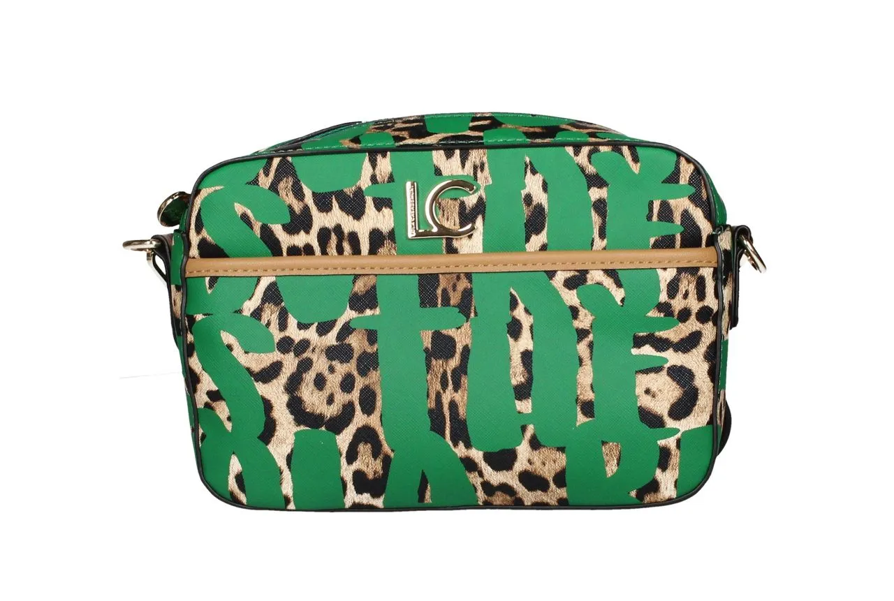 Bandolera Letras Verdes Estampado Animal Print Asa y Filo Cuero