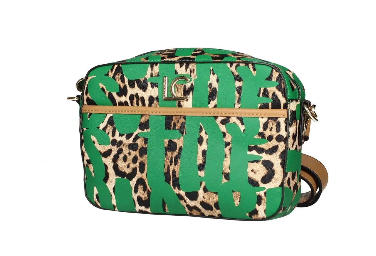 Bandolera Letras Verdes Estampado Animal Print Asa y Filo Cuero