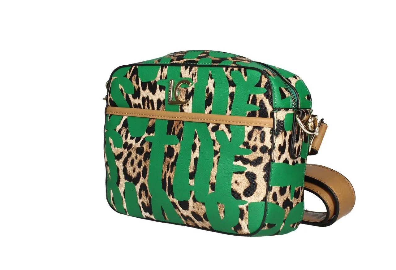 Bandolera Letras Verdes Estampado Animal Print Asa y Filo Cuero