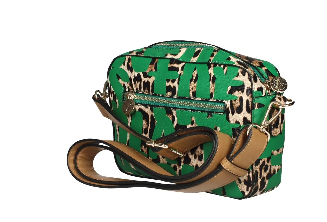 Bandolera Letras Verdes Estampado Animal Print Asa y Filo Cuero