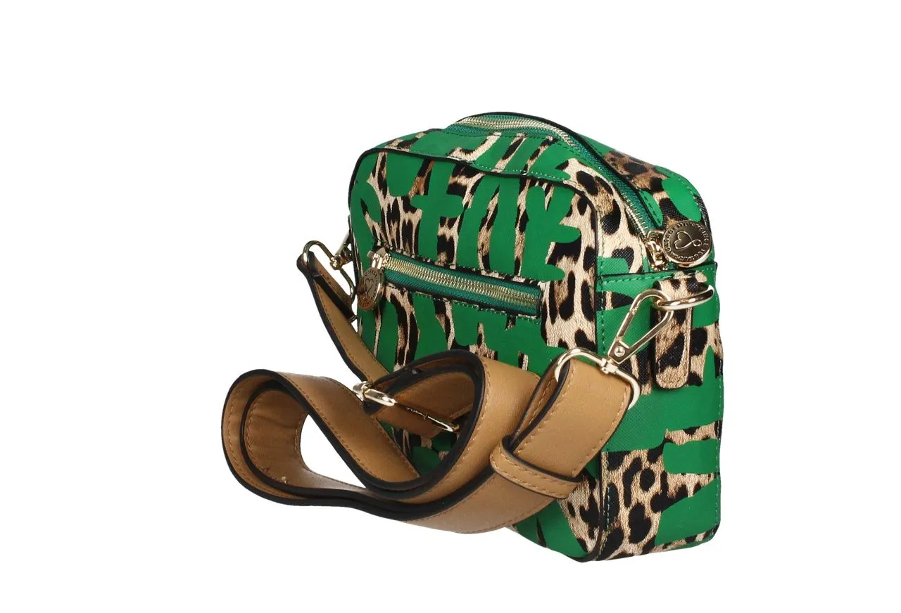 Bandolera Letras Verdes Estampado Animal Print Asa y Filo Cuero