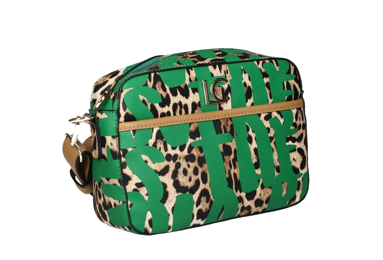 Bandolera Letras Verdes Estampado Animal Print Asa y Filo Cuero