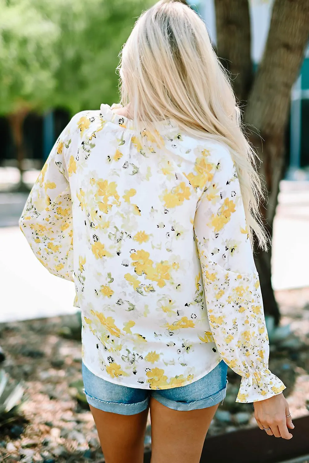 Blusa de manga abullonada con estampado floral amarillo para mujer