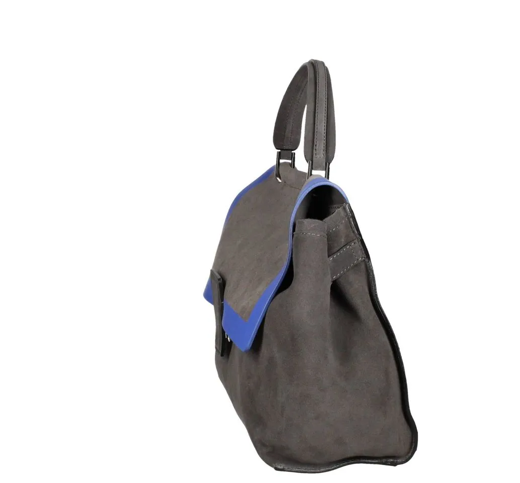 Bolso Ante Gris Borde Azul En Tapa Asa Mano