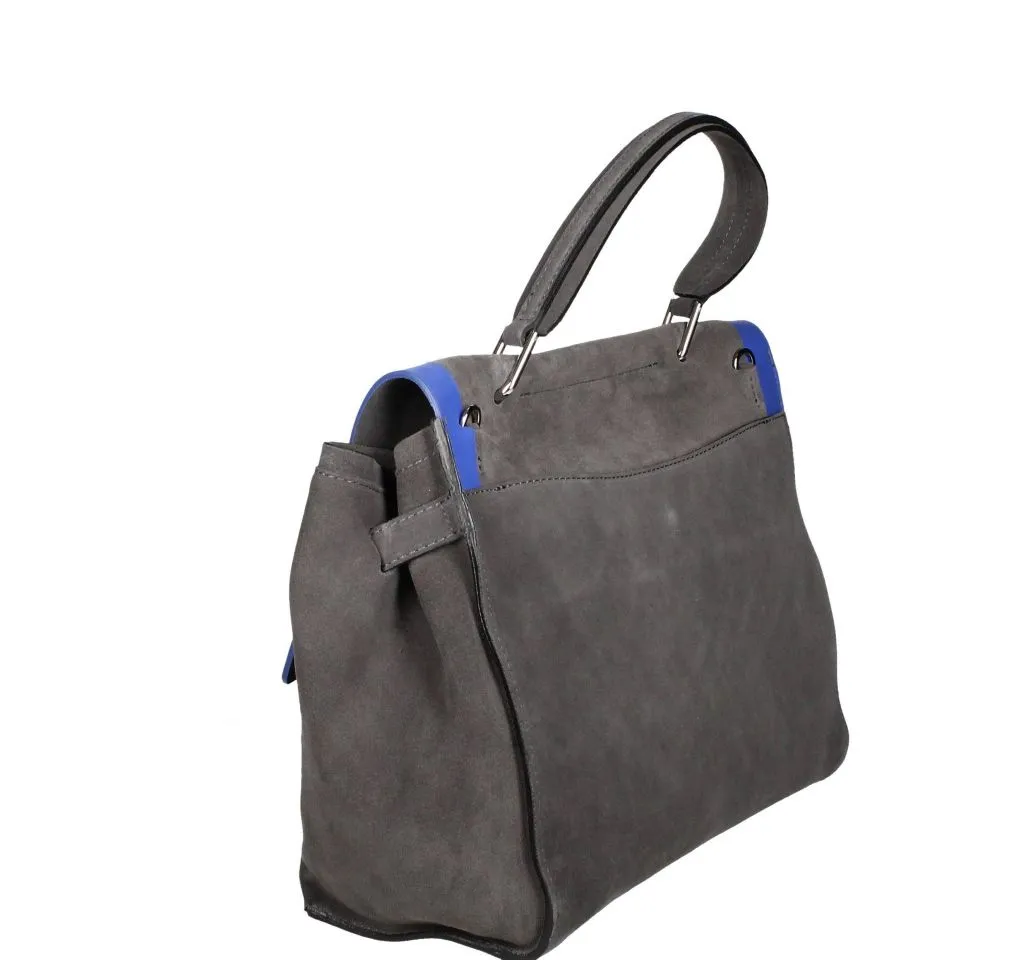 Bolso Ante Gris Borde Azul En Tapa Asa Mano