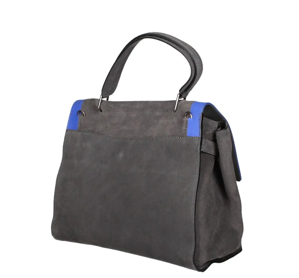 Bolso Ante Gris Borde Azul En Tapa Asa Mano