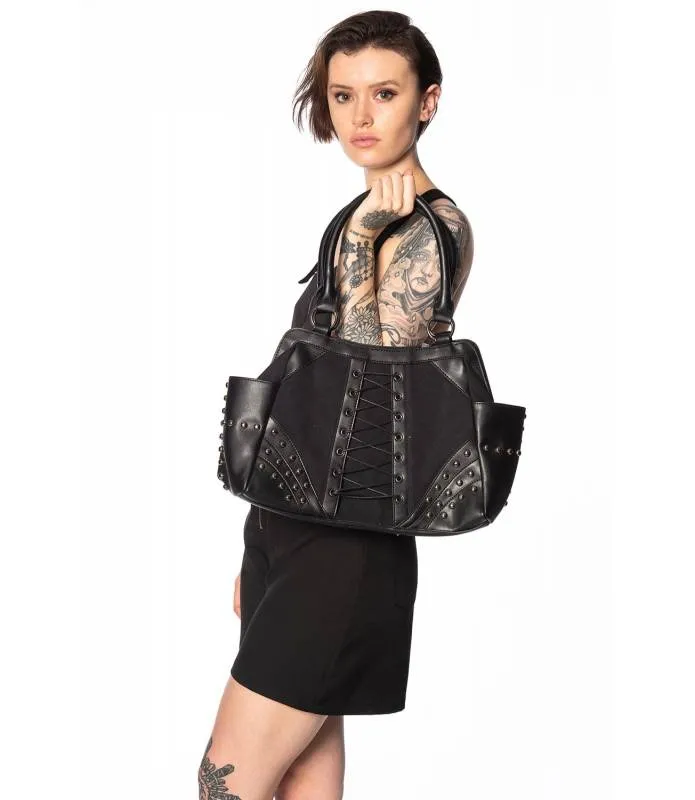 Bolso de Mano Amplio con Detalle Corset en Negro - BG34034