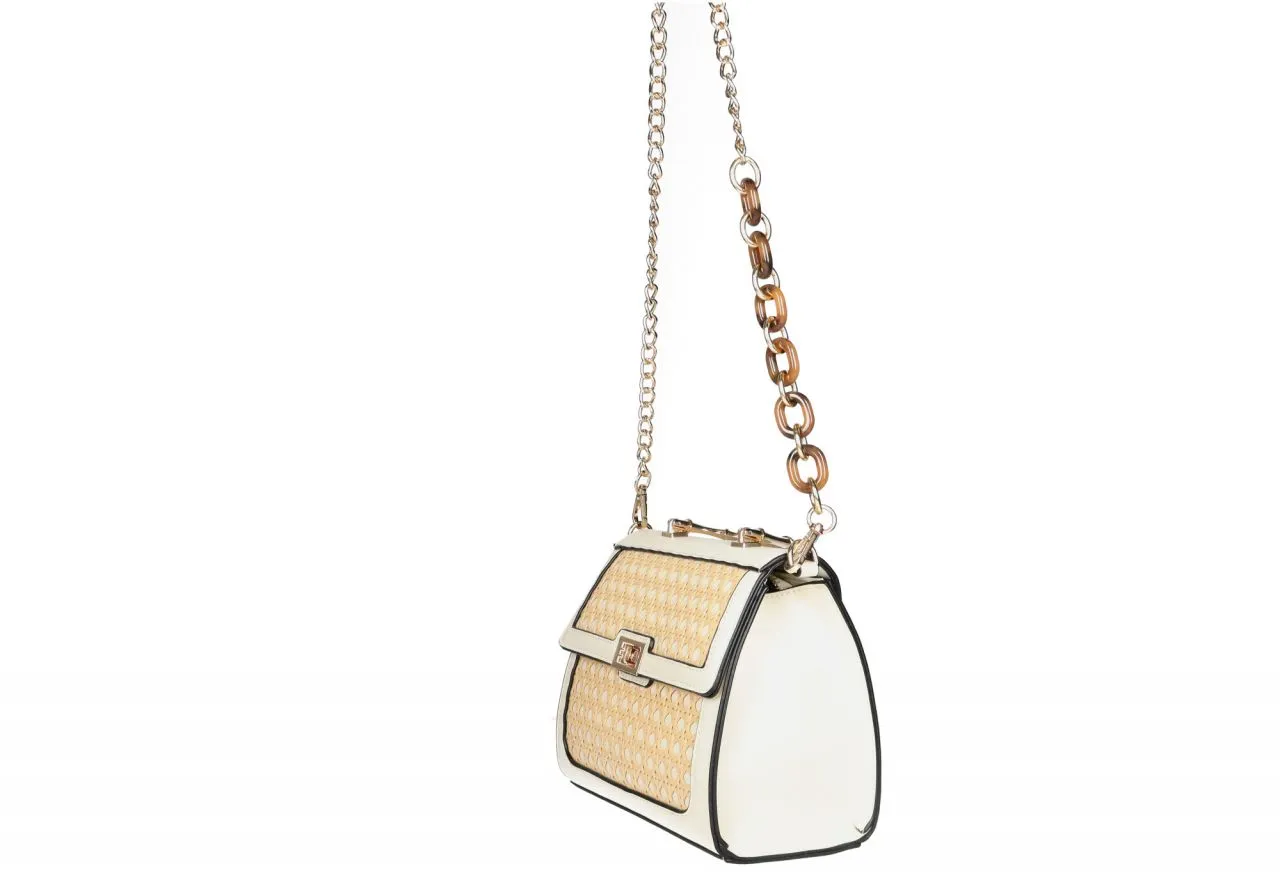 Bolso Mano Beige Enrejado Camel Tapa Asa Metal Oro