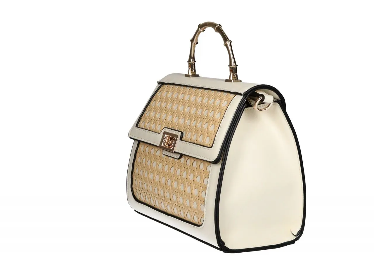 Bolso Mano Beige Enrejado Camel Tapa Asa Metal Oro