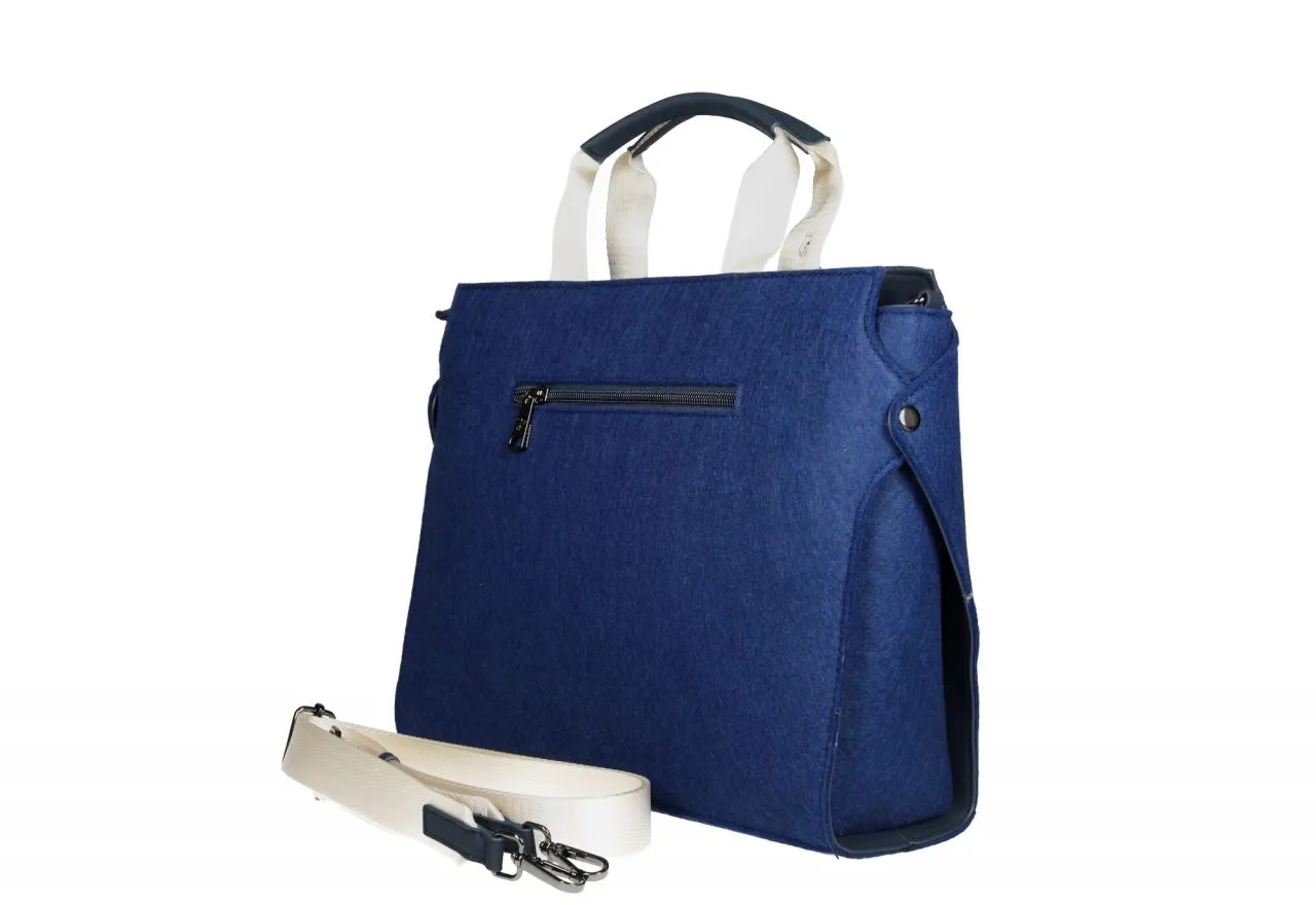 Bolso Mano Grande Tejido Azul Pieza Neopreno Negra Bolsillo Trasero