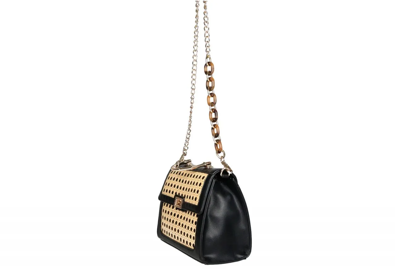 Bolso Mano Negro Enrejado Camel Tapa Asa Metal Oro