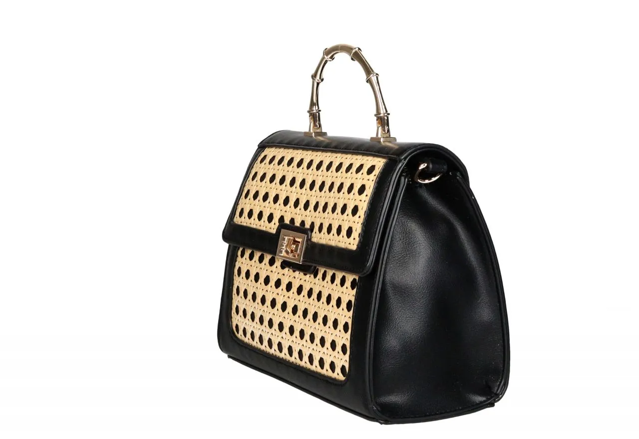 Bolso Mano Negro Enrejado Camel Tapa Asa Metal Oro