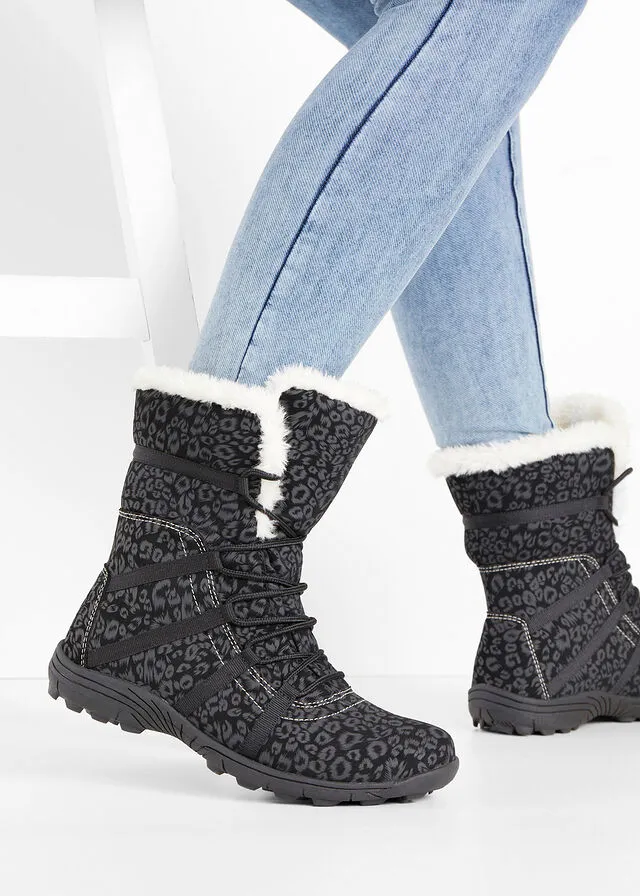 Botas de cordones para invierno Negro-gris oscuro con estampado de leopardo