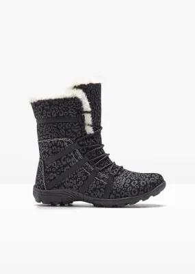 Botas de cordones para invierno Negro-gris oscuro con estampado de leopardo