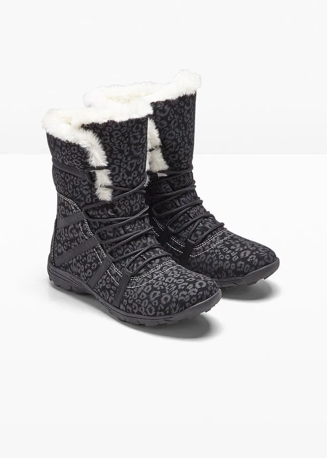 Botas de cordones para invierno Negro-gris oscuro con estampado de leopardo