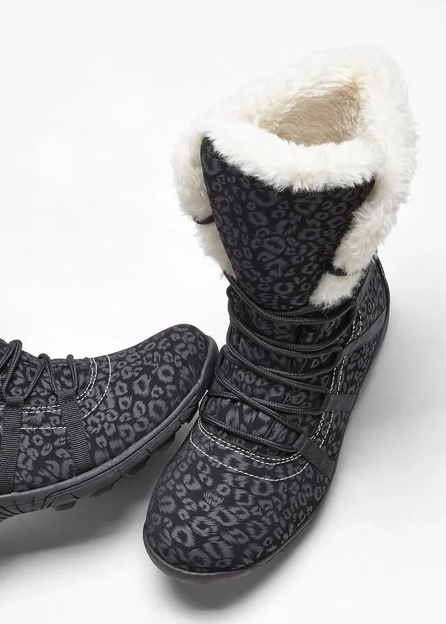 Botas de cordones para invierno Negro-gris oscuro con estampado de leopardo