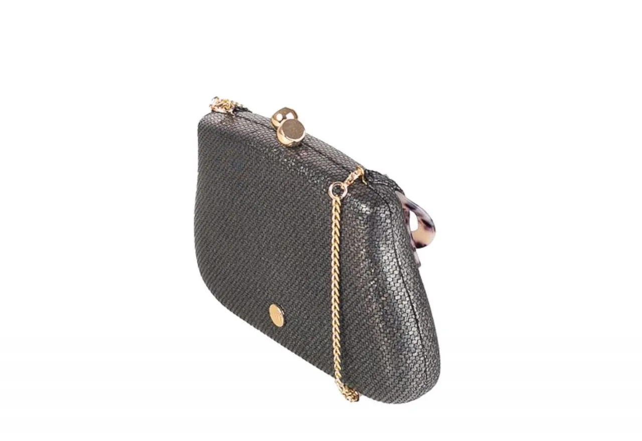 Clutch Negro Asa Mano Eslabones Carey Estampado