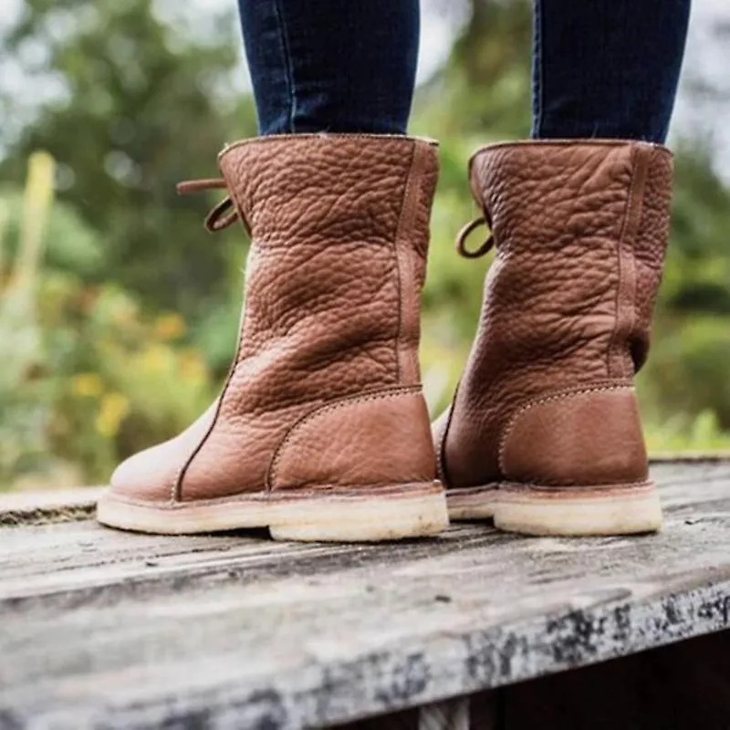 Mujeres Casual Cordones Cálidos Botas de Nieve Pu Forro polar Forrado de tacón bajo Zapatos de invierno para mujeres