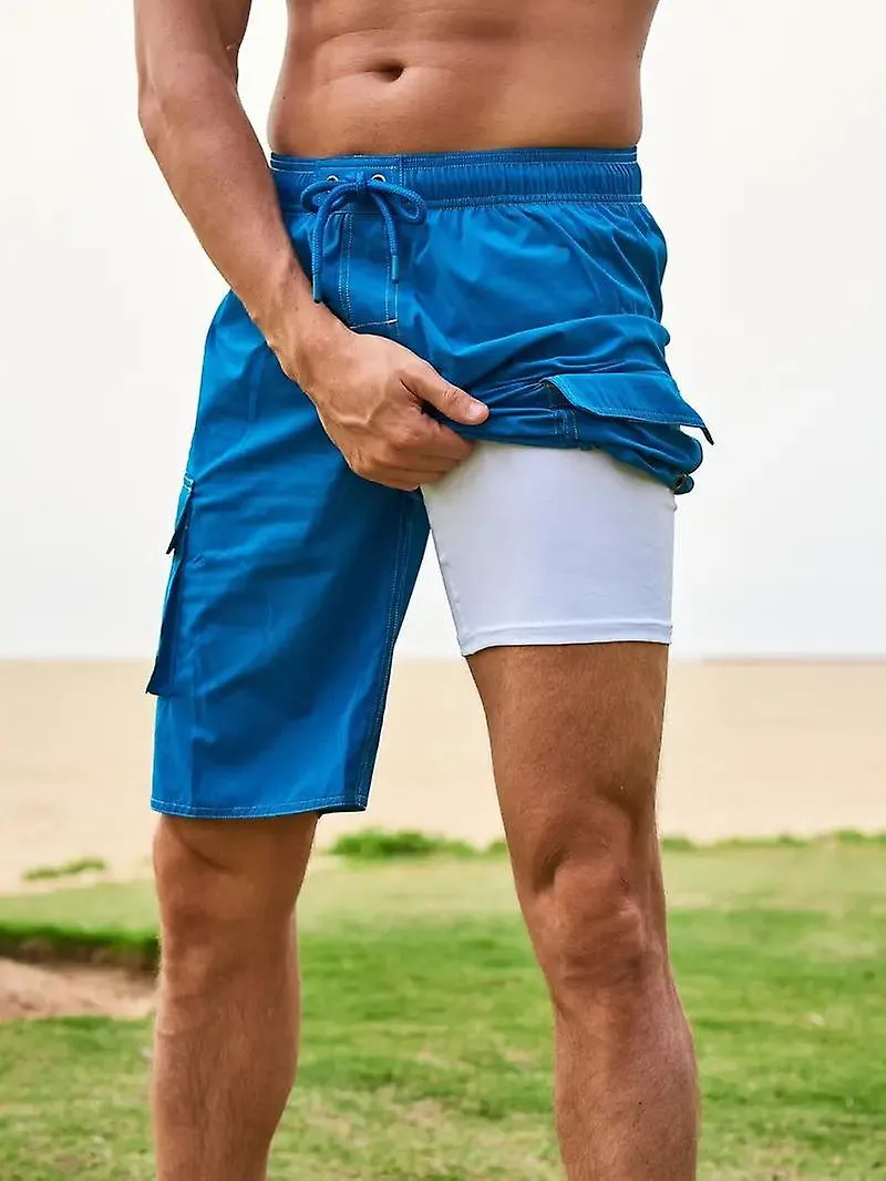 Pantalones cortos de playa de secado rápido para hombre, traje de baño casual con bolsillos con solapa para el verano