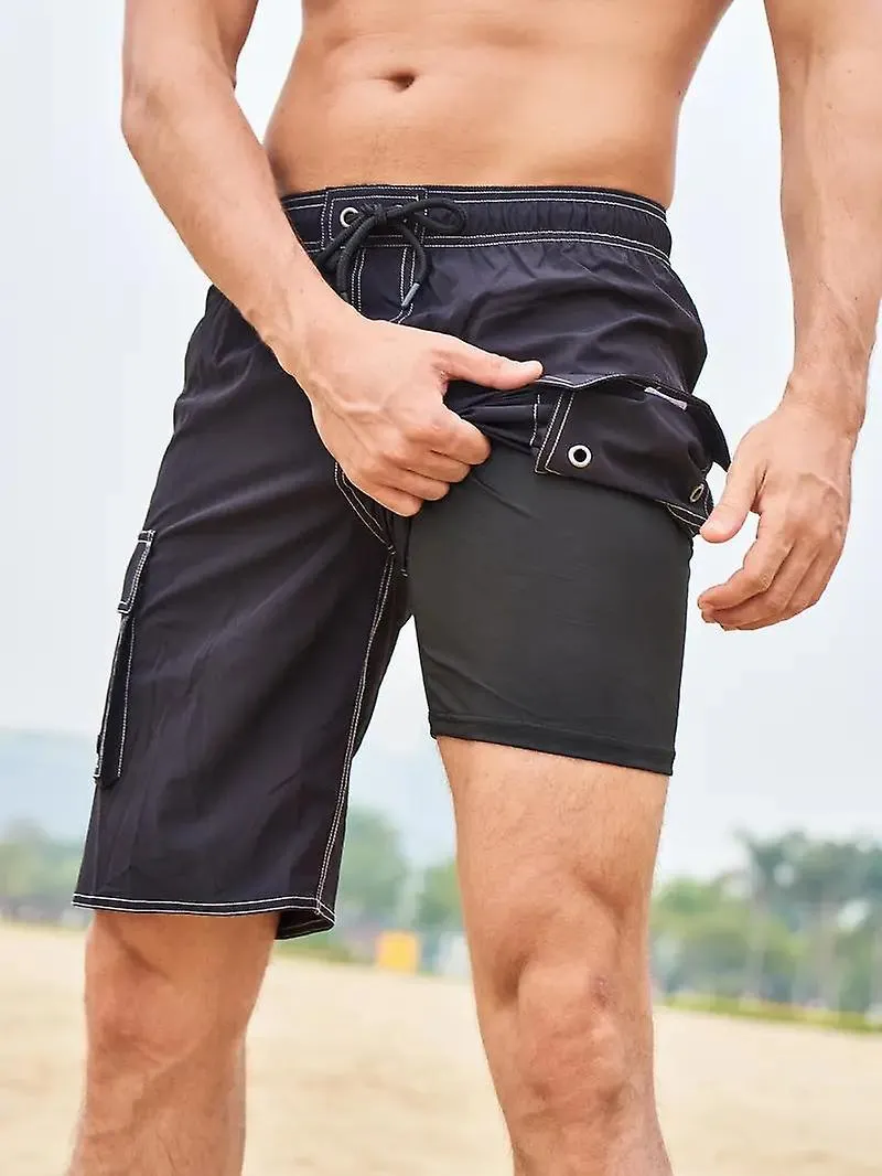 Pantalones cortos de playa de secado rápido para hombre, traje de baño casual con bolsillos con solapa para el verano