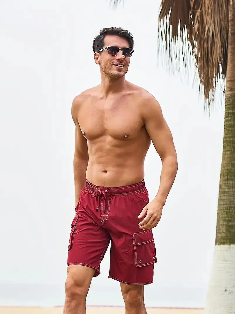 Pantalones cortos de playa de secado rápido para hombre, traje de baño casual con bolsillos con solapa para el verano