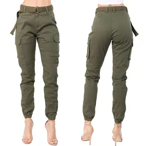 Pantalones de verano para mujer Pantalones de mujer de cintura alta ajustados jogger cargo de color sólido con cinturón a juego