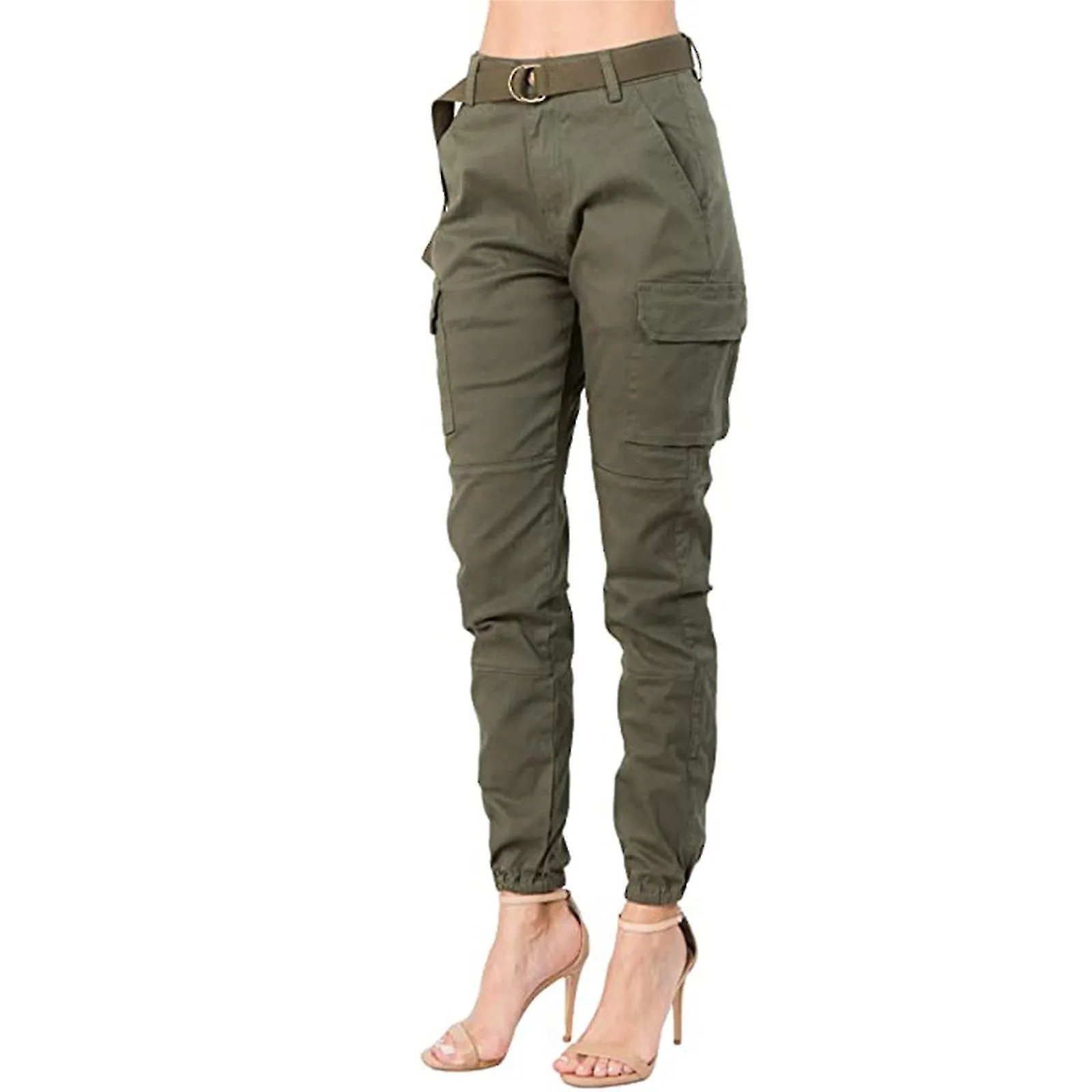 Pantalones de verano para mujer Pantalones de mujer de cintura alta ajustados jogger cargo de color sólido con cinturón a juego