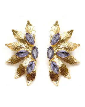 PENDIENTES DE FIESTA DORADOS ABANICO CON CRISTAL MORADO CLARO