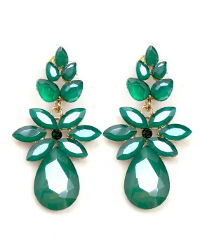 PENDIENTES LARGOS VERDES CON DISEÑO DE FLOR EN CRISTAL