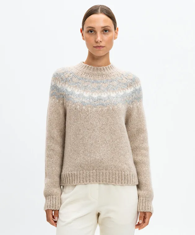 Peserico Beige wool sweater with jacquard pattern