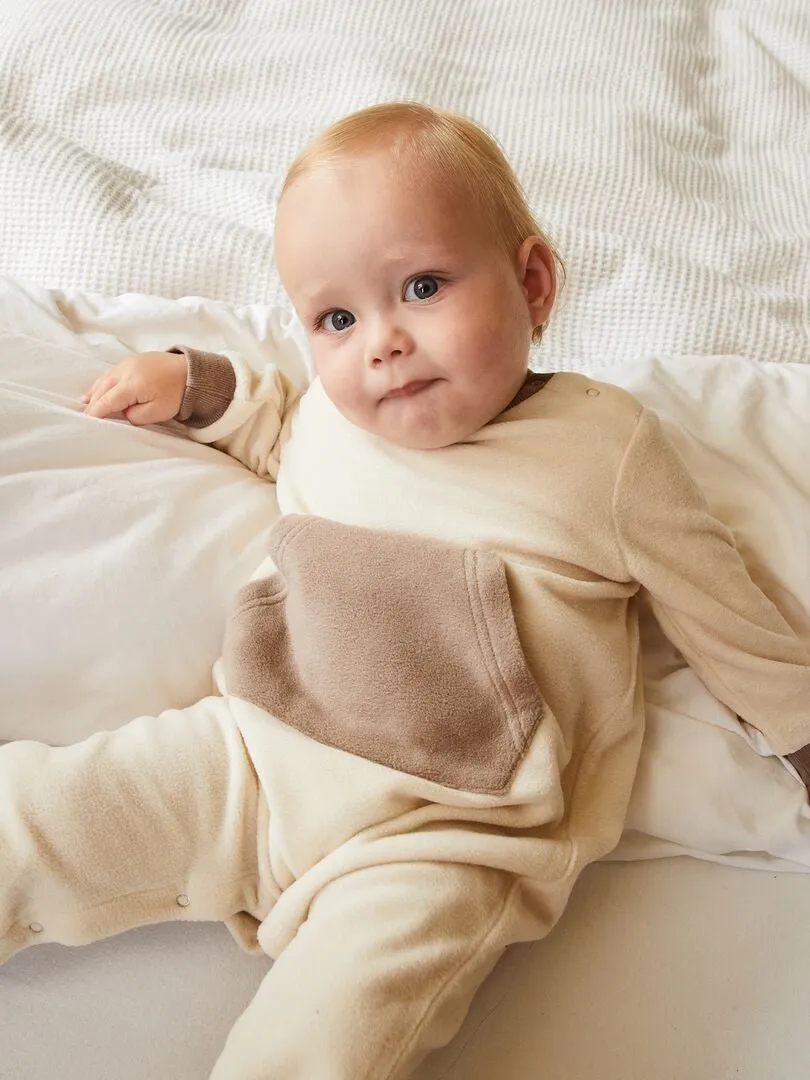 Pijama bicolor de tejido polar con bolsillo canguro - BEIGE