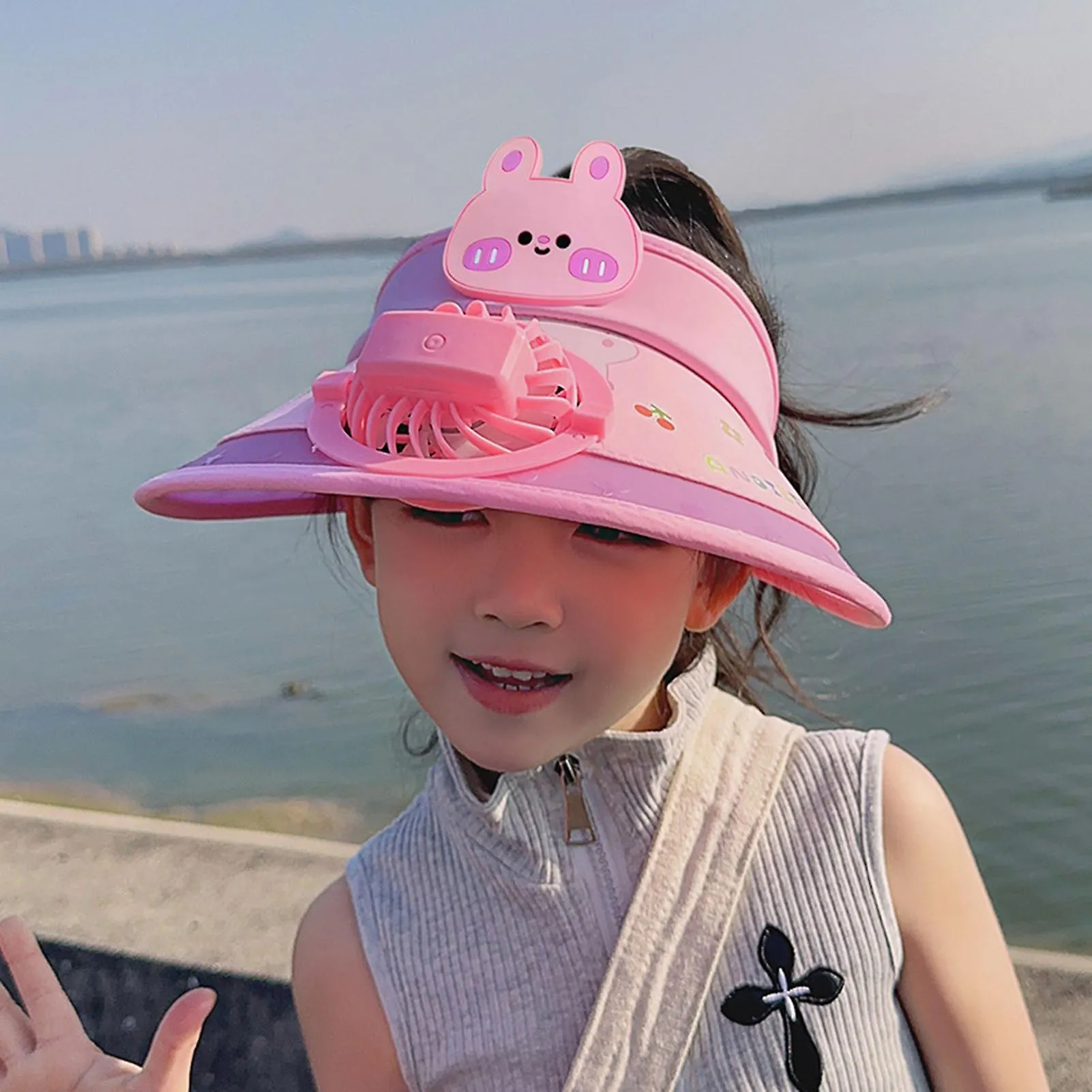 Sombrero de ala ancha para niños con ventilador portátil Sombrero de sol transpirable para niños niña