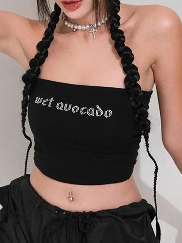 Top bandeau con diseño de letras y diamantes de imitación