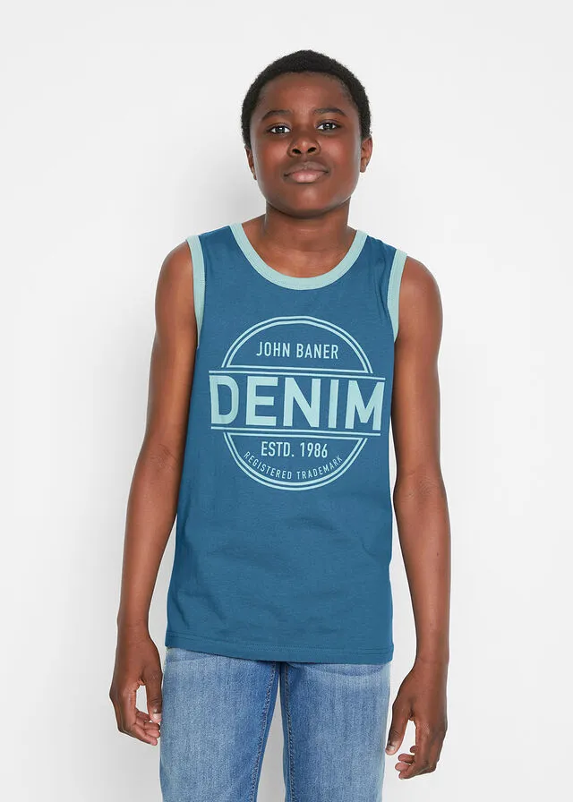 Top sin mangas de algodón orgánico para niños (2 unidades) Denim + rojo estampado