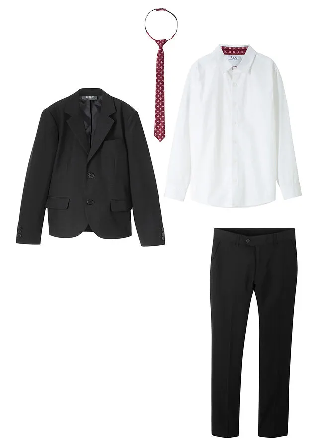 Traje + camisa + corbata para niños (4 piezas) Negro-blanco