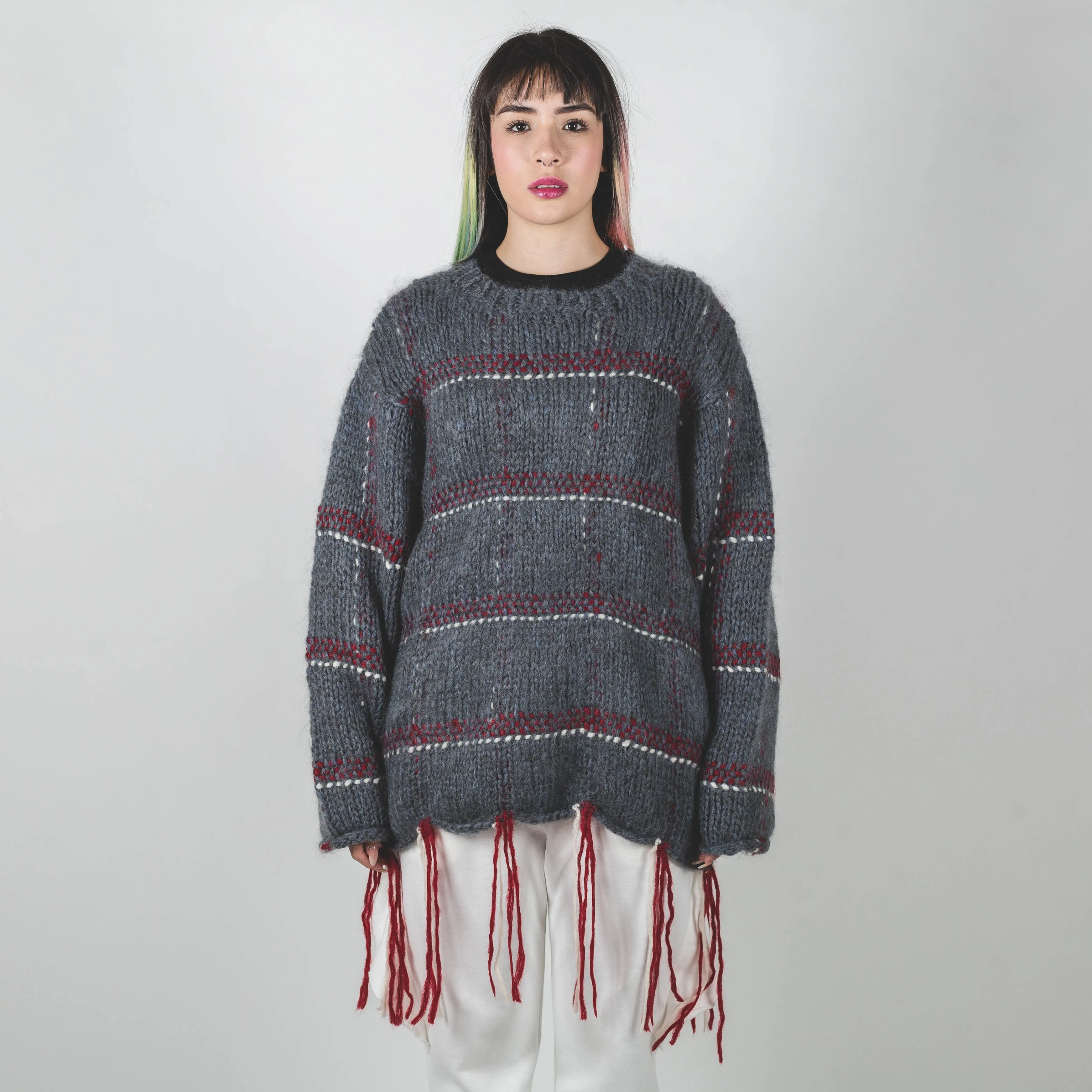 Undercover Blue-Grey Tassel-hem Plaid Sweater