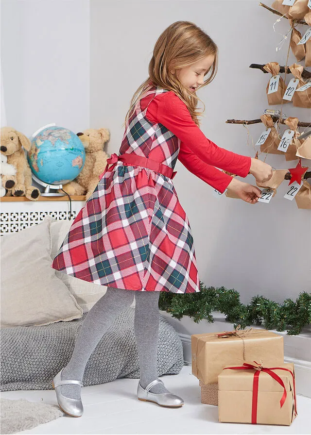 Vestido de fiesta para niñas Rojo-verde intenso-blanco lana de cuadros