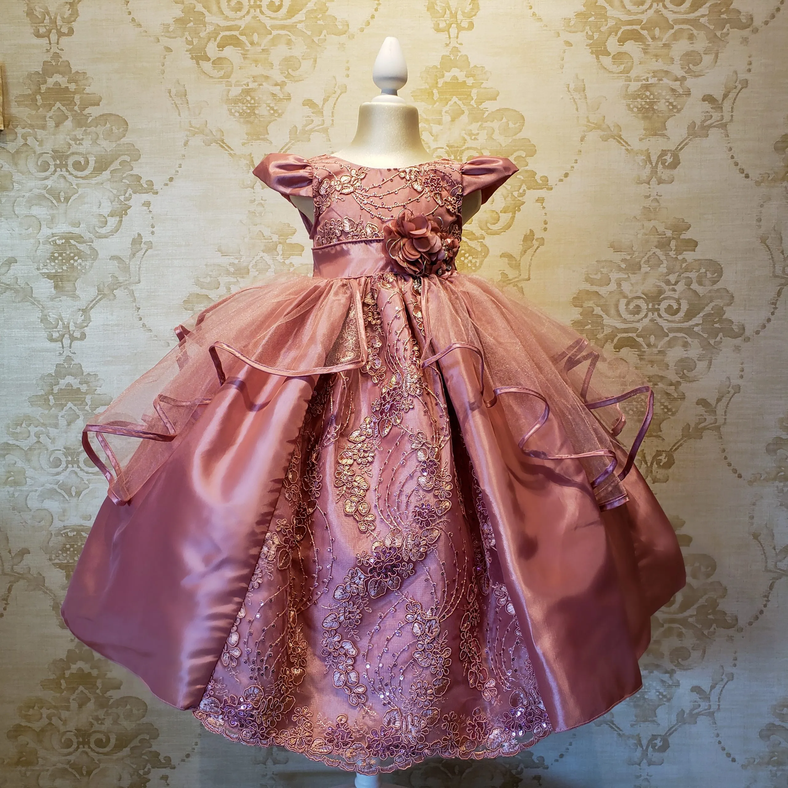 Vestido de Niña Fiesta Rosa Palo Encaje Bordado con Flor Talla 2 a 8 años