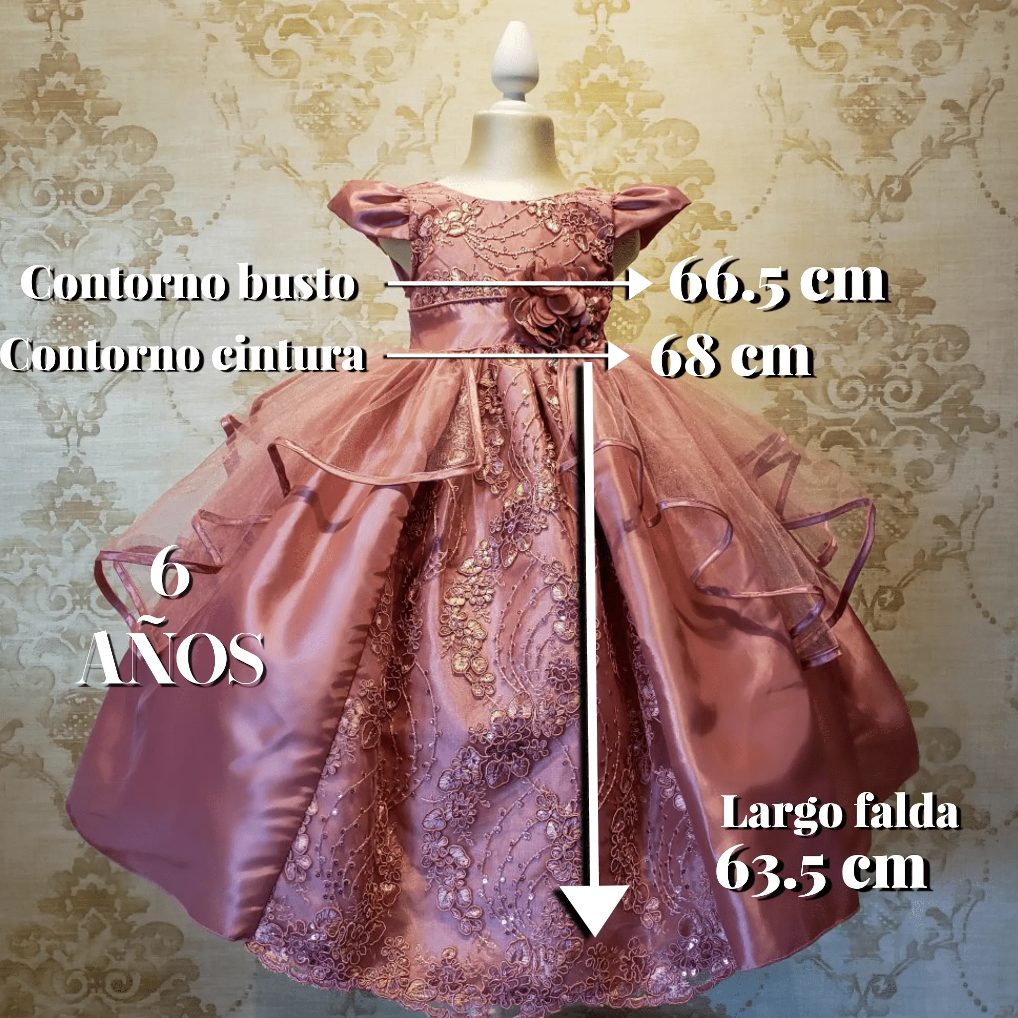 Vestido de Niña Fiesta Rosa Palo Encaje Bordado con Flor Talla 2 a 8 años