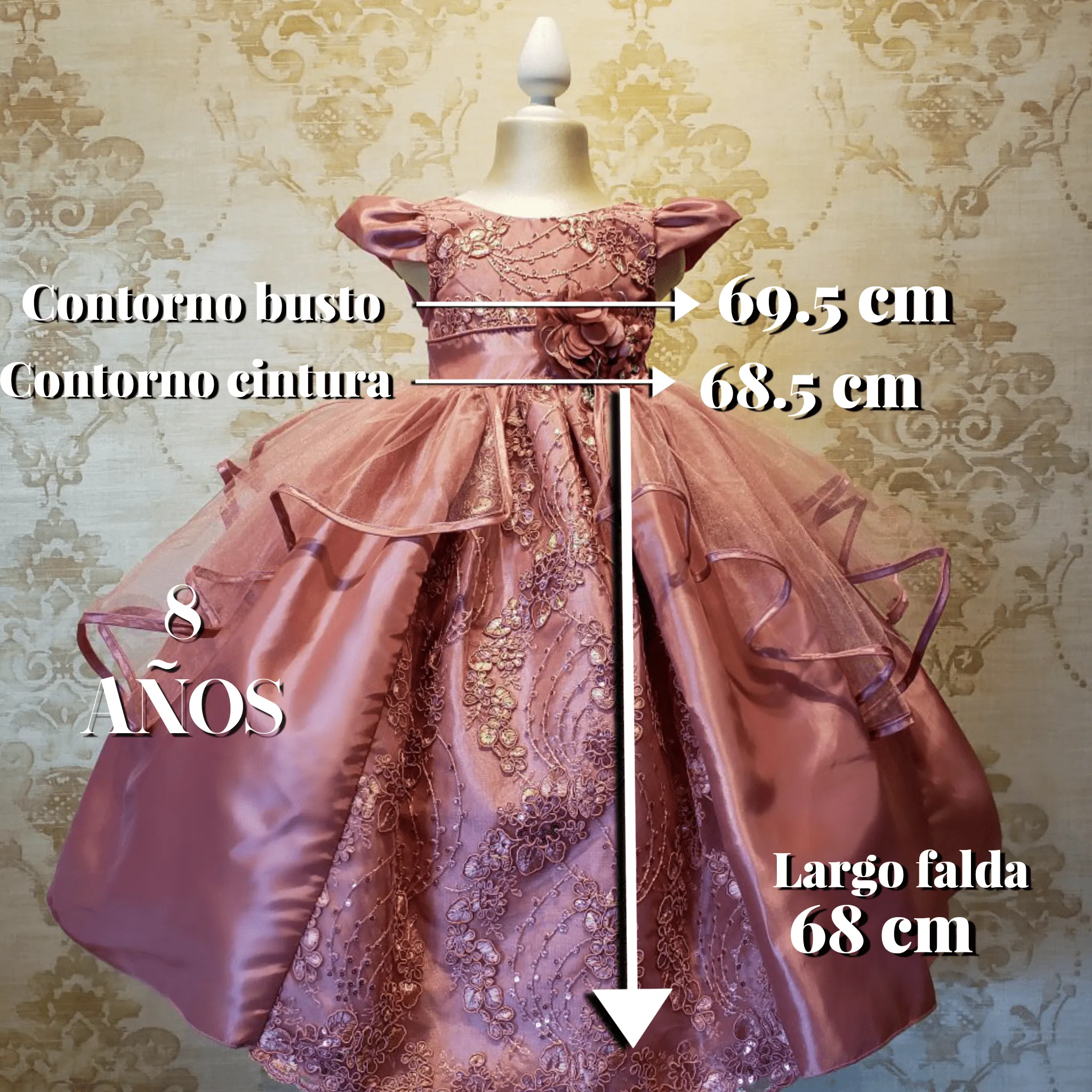 Vestido de Niña Fiesta Rosa Palo Encaje Bordado con Flor Talla 2 a 8 años