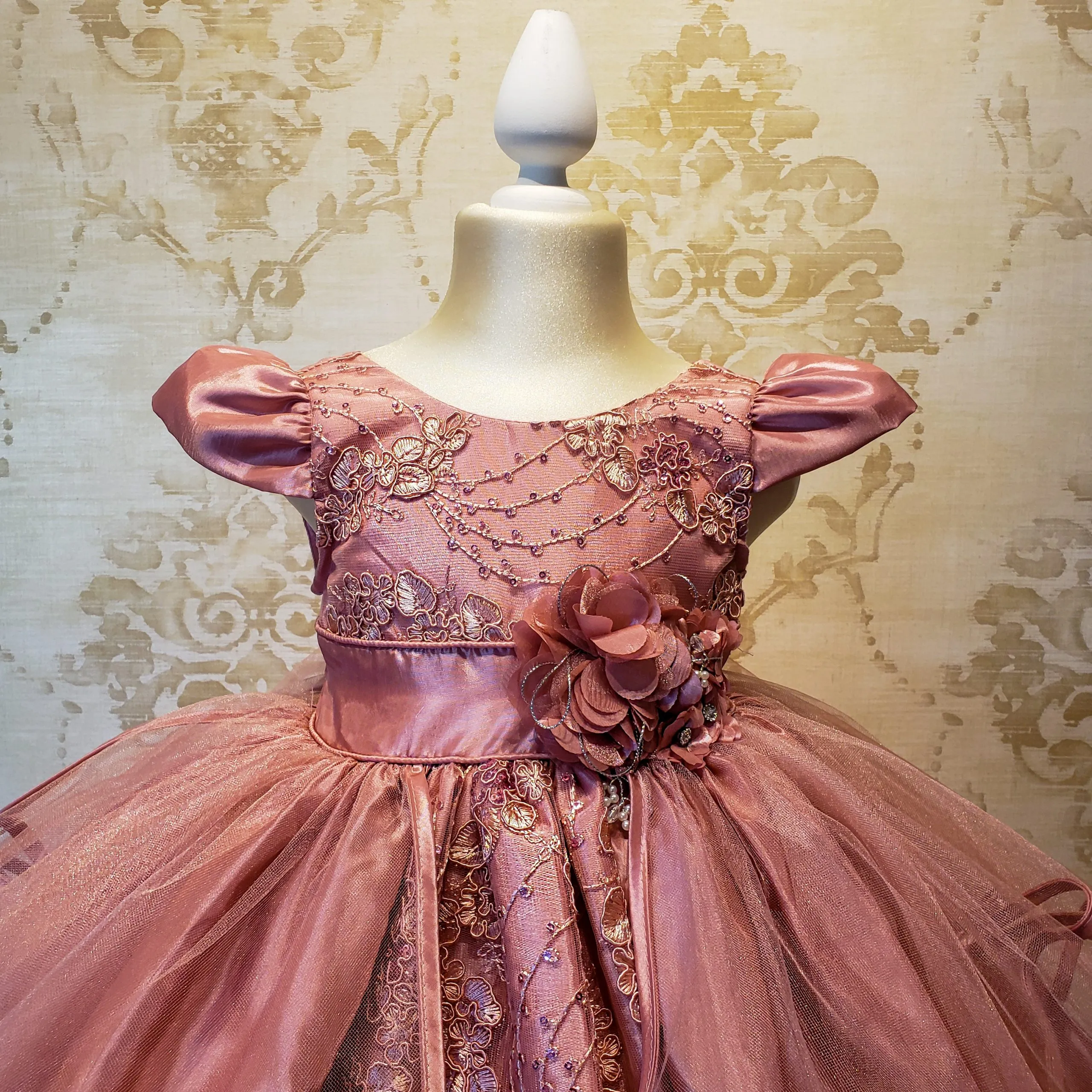 Vestido de Niña Fiesta Rosa Palo Encaje Bordado con Flor Talla 2 a 8 años