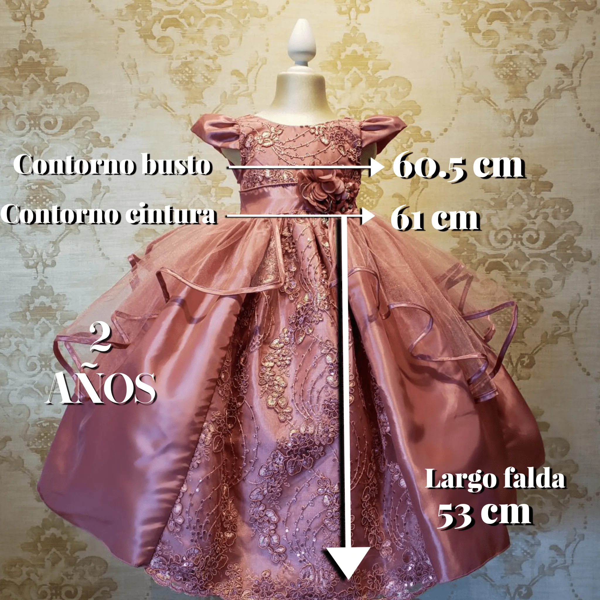 Vestido de Niña Fiesta Rosa Palo Encaje Bordado con Flor Talla 2 a 8 años