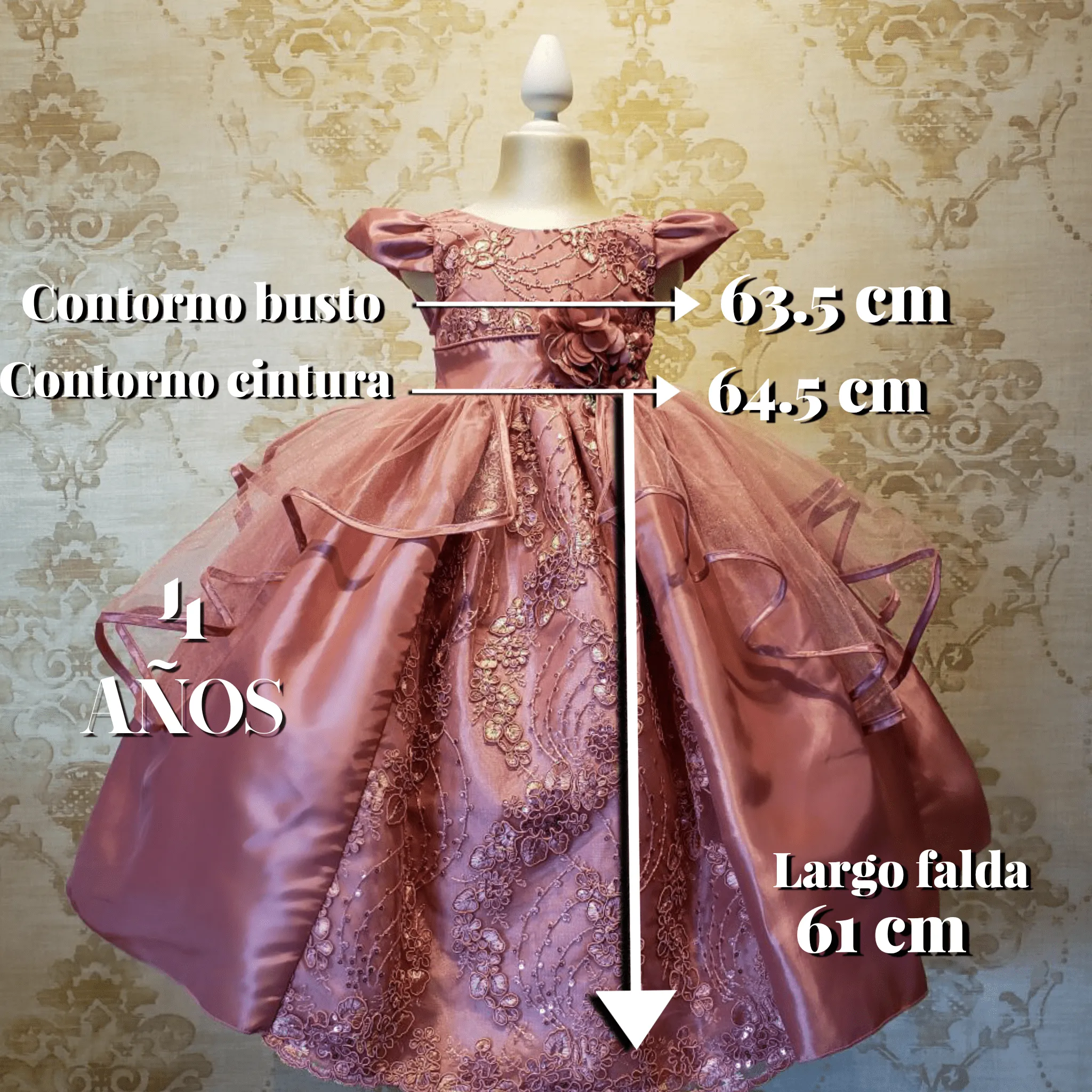 Vestido de Niña Fiesta Rosa Palo Encaje Bordado con Flor Talla 2 a 8 años