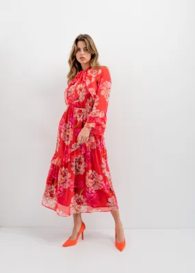 Vestido largo estampado floral con volantes para mujer color rojo