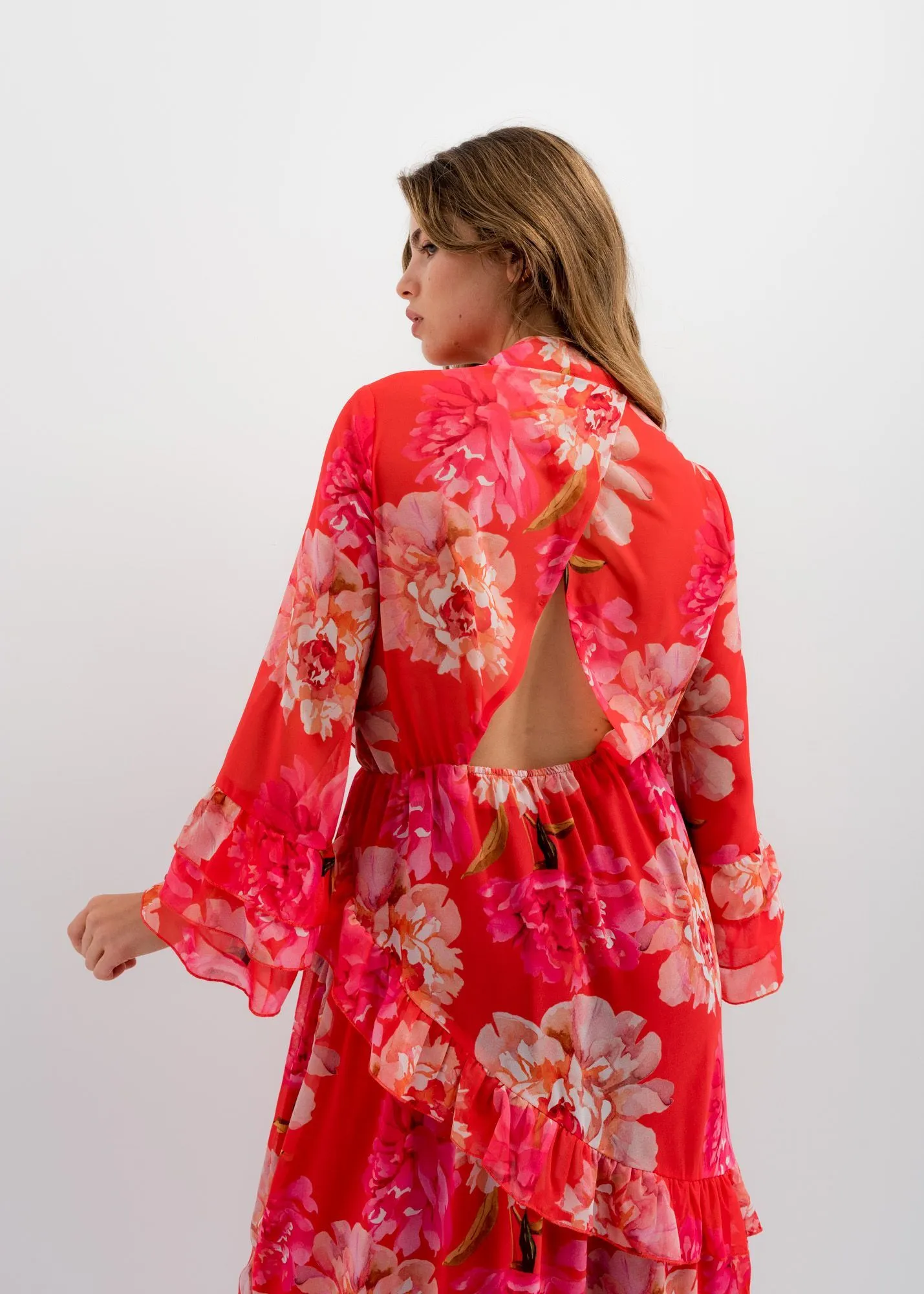 Vestido largo estampado floral con volantes para mujer color rojo