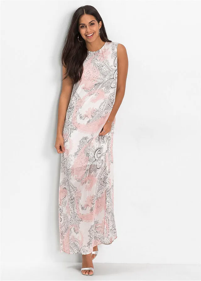 Vestido maxi de gasa para verano Blanco lana con patrón Paisley