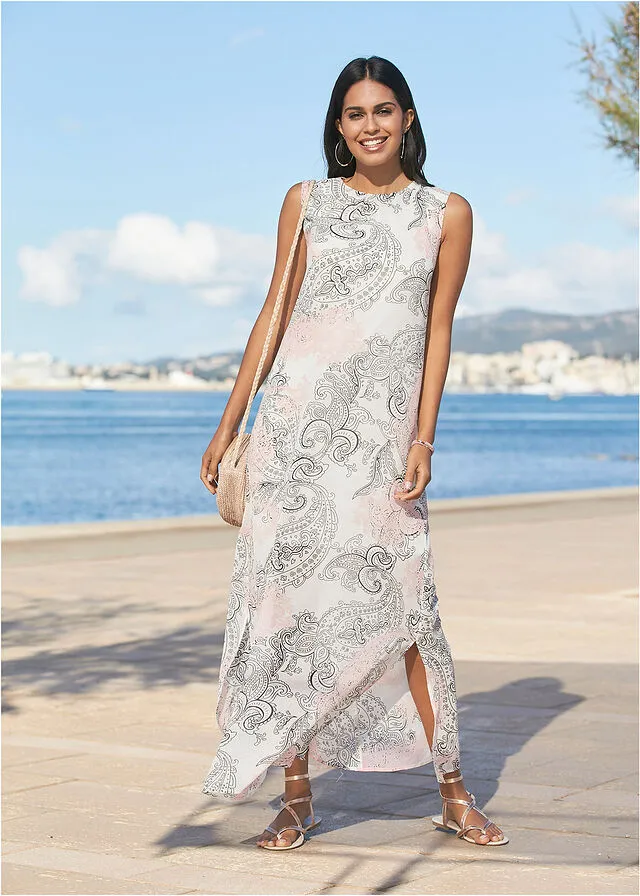 Vestido maxi de gasa para verano Blanco lana con patrón Paisley