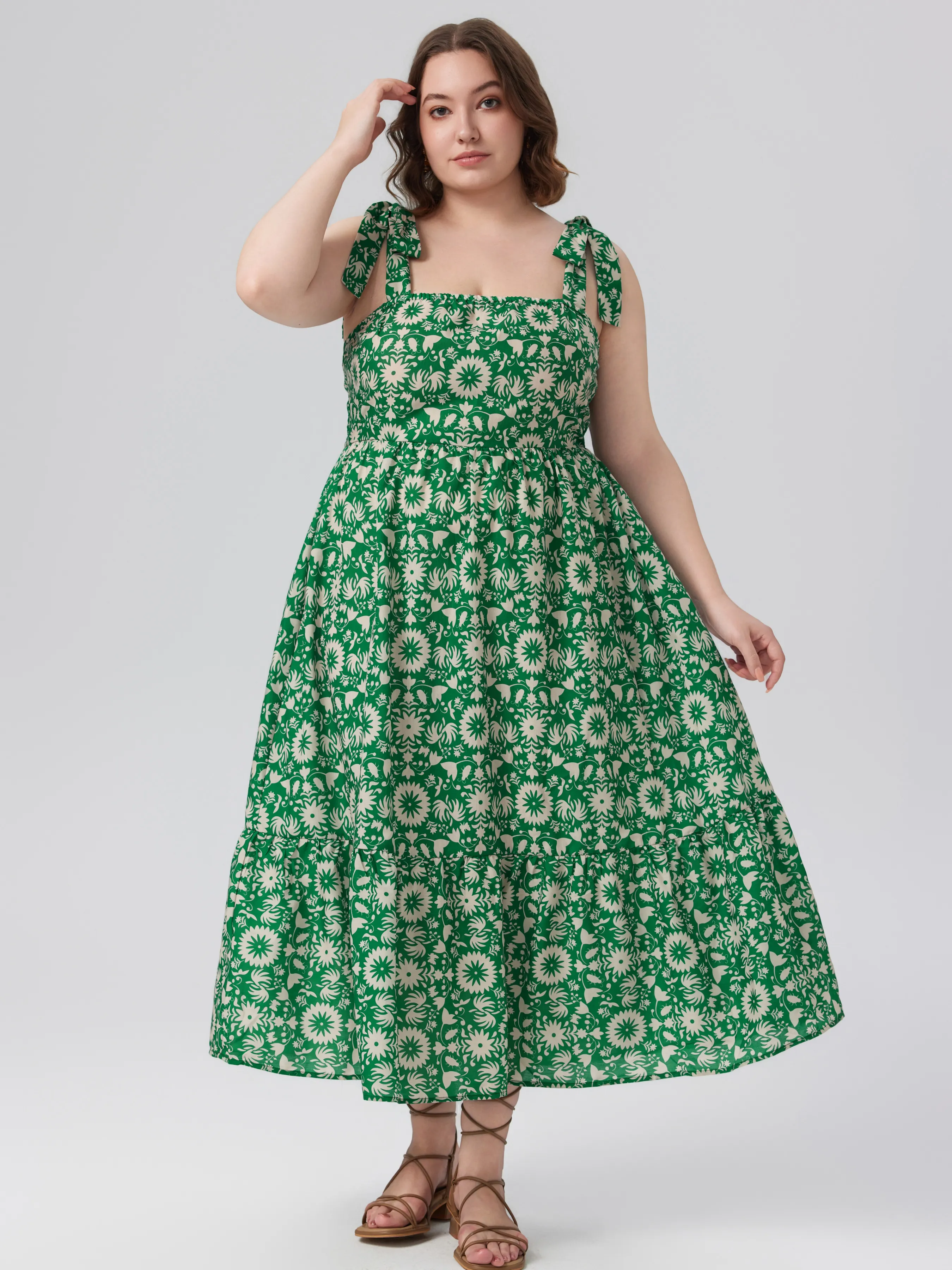  Vestido Midi con Volantes y Nudo Floral Geométrico Curvy